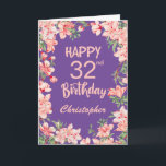 32nd Birthday Purple Pink Peach Watercolor Floral Card<br><div class="desc">32nd Birthday Purple Pink Peach Watercolor Floral Birthday Card. For further customisation,  please click the "Customise it" button and use our design tool to modify this template.</div>