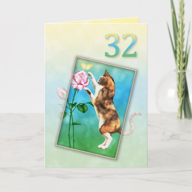 32nd Birthday with a playful cat Card (Front)