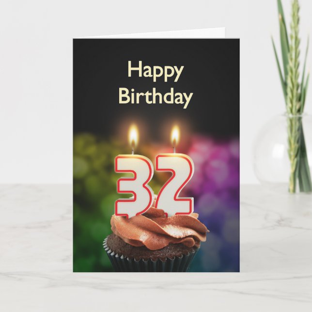 32nd Birthday with cake and candles Card (Front)