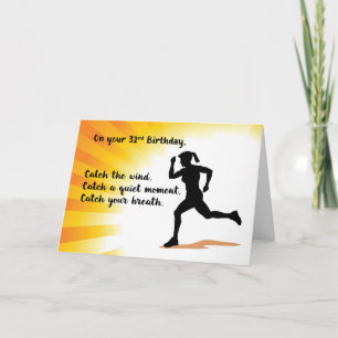 32nd Birthday Woman Running Sunburst Background Card