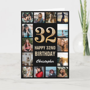 32nd Happy Birthday Black and Gold Photo Collage Card