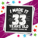 33 Year Old Sarcastic Meme Funny 33rd Birthday Napkin<br><div class="desc">This funny 33rd birthday design makes a great sarcastic humour joke or novelty gag gift for a 33 year old birthday theme or surprise 33rd birthday party! Features 'I Made it to 33 Years Old... Nothing Scares Me' funny 33rd birthday meme that will get lots of laughs from family, friends,...</div>