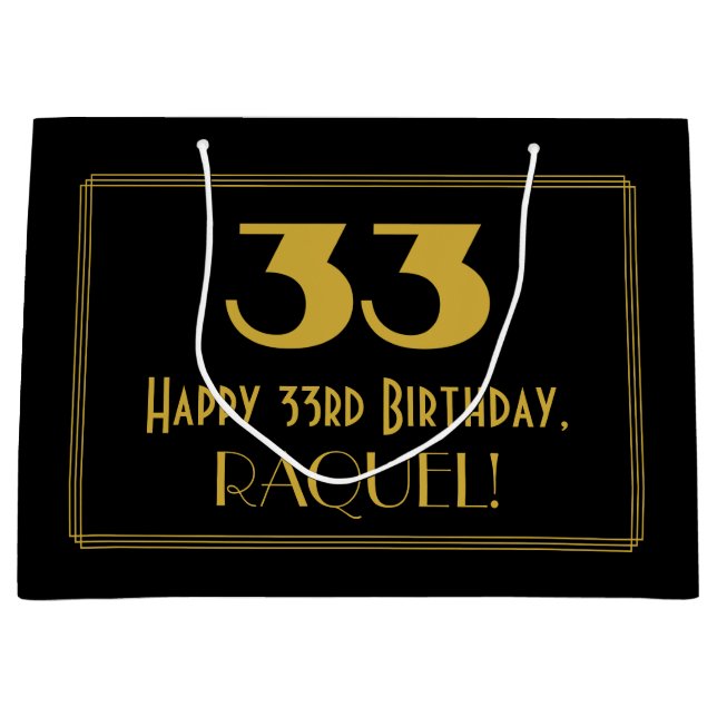 33rd Birthday — Art Deco Inspired Look "33" & Name Large Gift Bag (Front)
