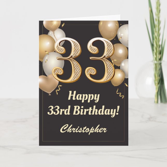 33rd Birthday Black and Gold Balloons Confetti Card (Front)