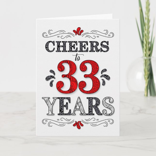 33rd Birthday Cheers in Red White Black Pattern Card (Front)