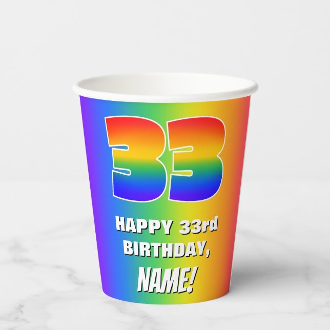33rd Birthday: Colorful, Fun Rainbow Pattern # 33 Paper Cups (Back)