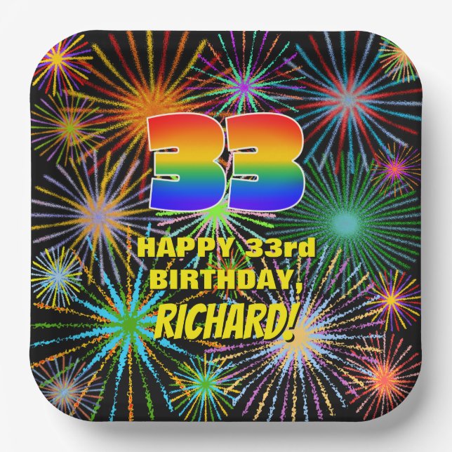 33rd Birthday: Colourful, Fun Celebratory Firework Paper Plate (Front)