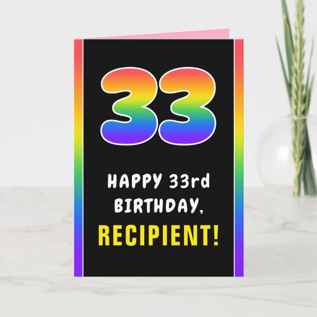 33rd Birthday: Colourful Rainbow # 33, Custom Name Card (Front)