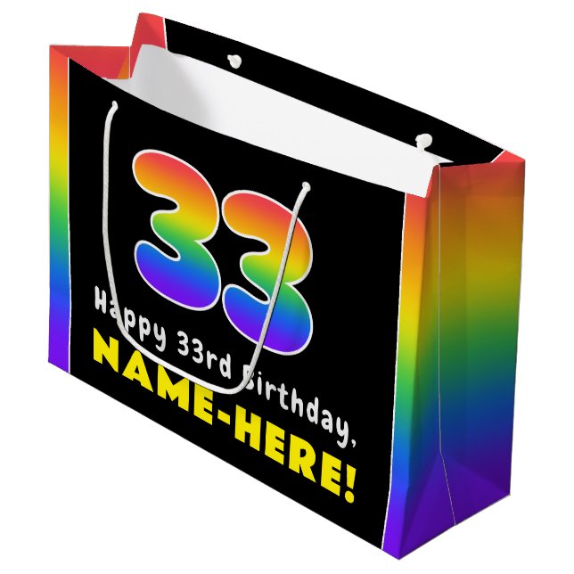 33rd Birthday: Colourful Rainbow # 33, Custom Name Large Gift Bag (Front Angled)