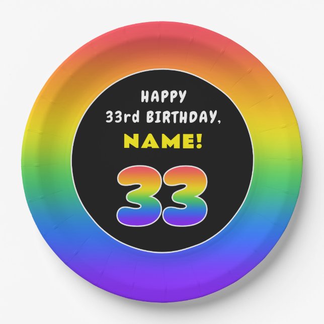 33rd Birthday: Colourful Rainbow # 33, Custom Name Paper Plate (Front)