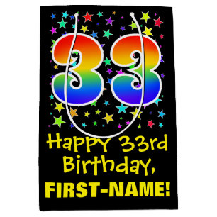 33rd Birthday: Colourful Stars Pattern & Rainbow 3 Medium Gift Bag