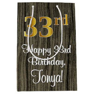 33rd Birthday: Elegant Faux Gold Look #, Faux Wood Medium Gift Bag