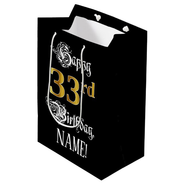 33rd Birthday ~ Fancy Script; Faux Gold Look; Name Medium Gift Bag (Front Angled)