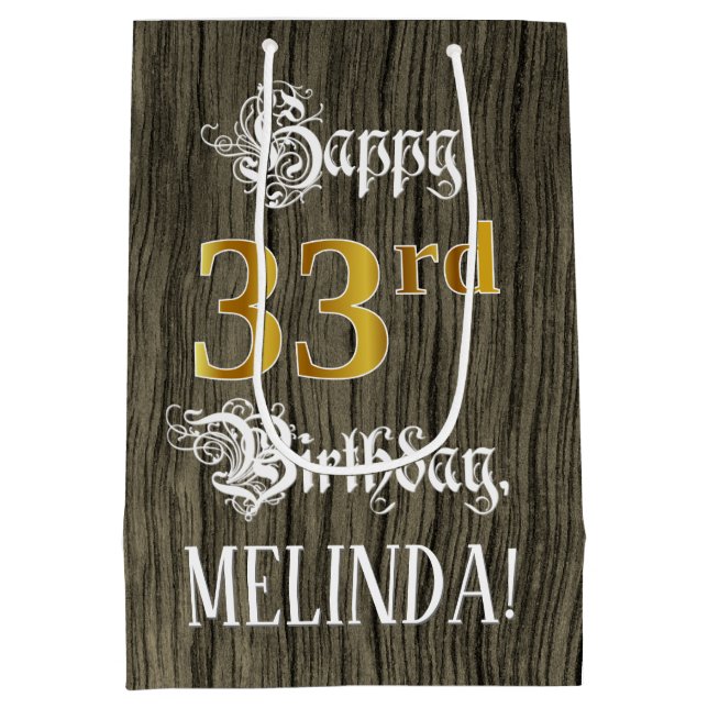 33rd Birthday: Faux Gold Look & Faux Wood Pattern Medium Gift Bag (Back)