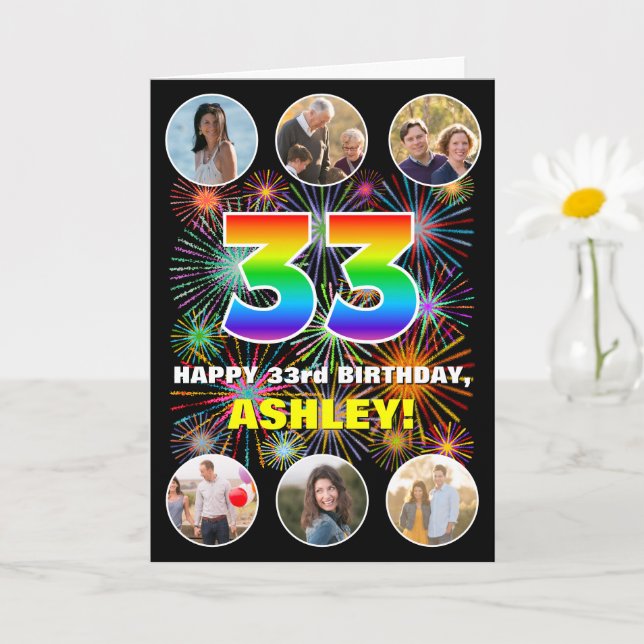 33rd Birthday: Fun Rainbow #, Custom Name & Photos Card (Small Plant)