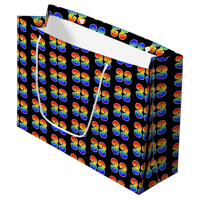 33rd Birthday: Fun Rainbow Event Number 33 Pattern Large Gift Bag (Front Angled)