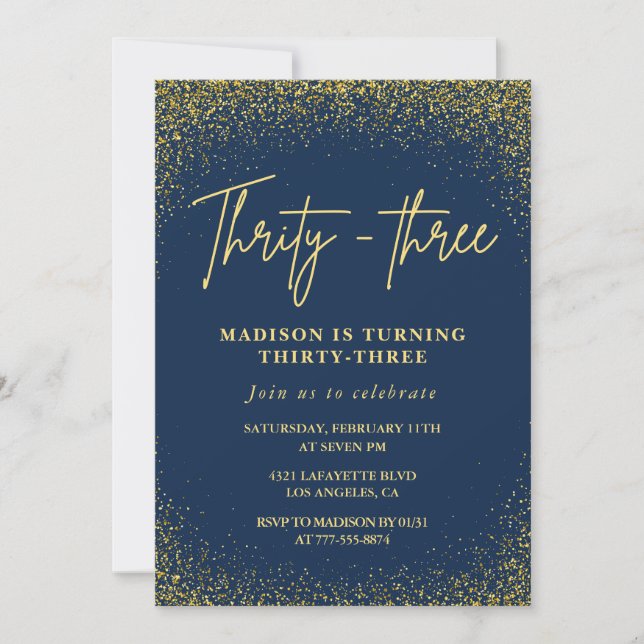 33rd birthday invitation Gold Blue Glitter (Front)