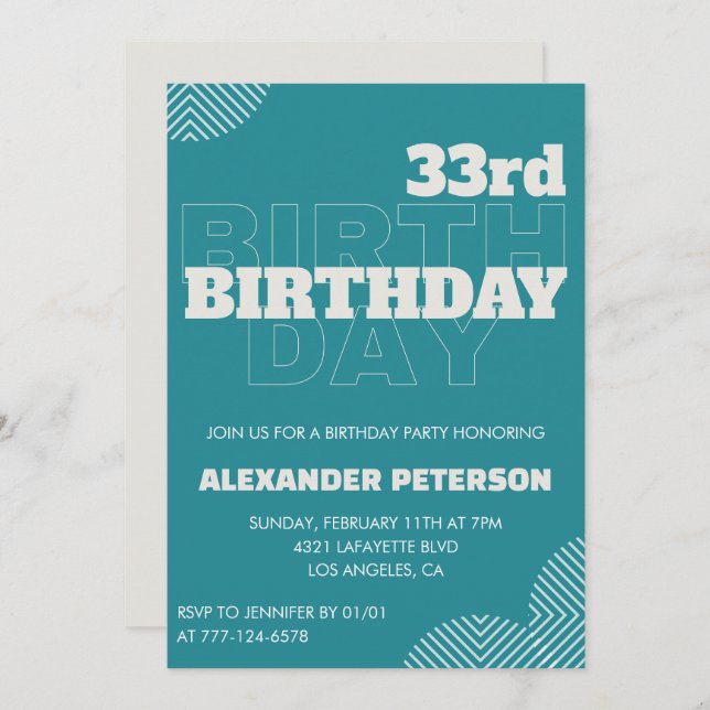 33rd birthday invitation Men Blue Typography (Front/Back)