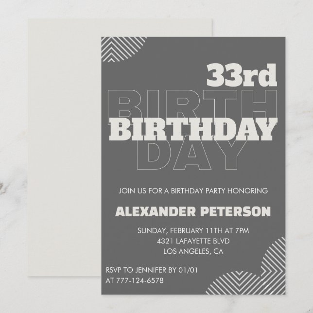 33rd birthday invitation Men Grey Typography (Front/Back)