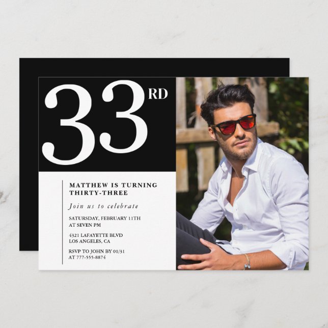 33rd birthday invitation Photo Black White Men (Front/Back)