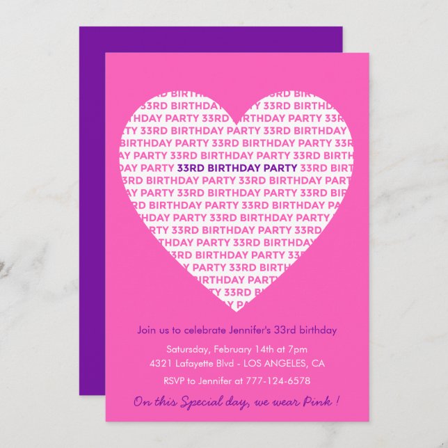 33rd birthday invitation Pink Big heart (Front/Back)