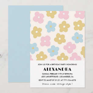 33rd birthday invitation Retro Blue Pink Flowers