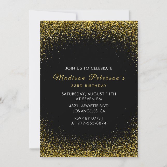33rd birthday invitations Gold Black Glam Glitter  (Front)