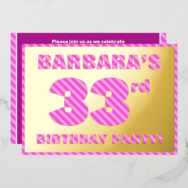 33rd Birthday Party — Bold, Fun, Pink Stripes # 33 (Front/Back)