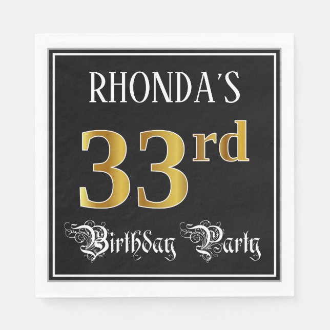 33rd Birthday Party — Fancy Script, Faux Gold Look Napkin (Front)