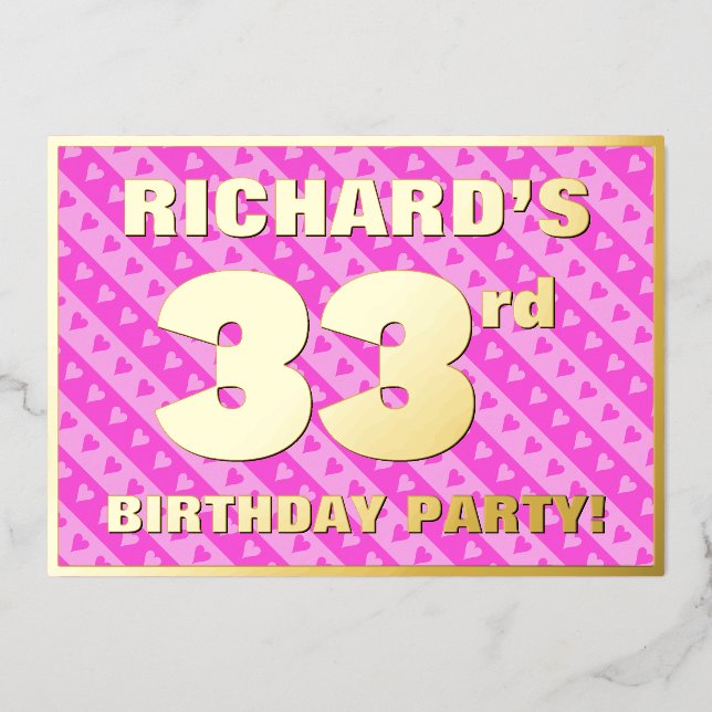 33rd Birthday Party — Fun Pink Hearts and Stripes (Front)