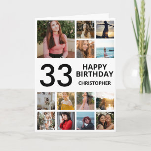33rd Birthday Photo Collage 13 Photos Black White Card