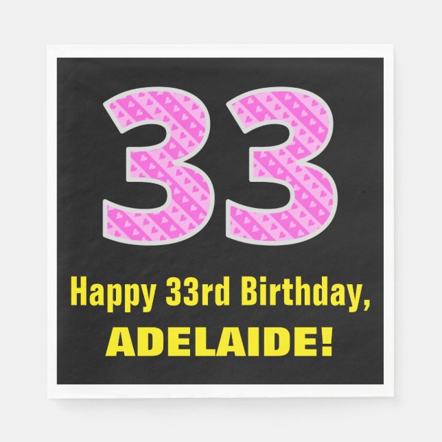 33rd Birthday: Pink Stripes and Hearts "33" + Name Napkin (Front)