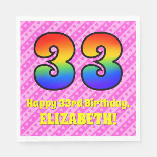 33rd Birthday: Pink Stripes & Hearts, Rainbow # 33 Napkin