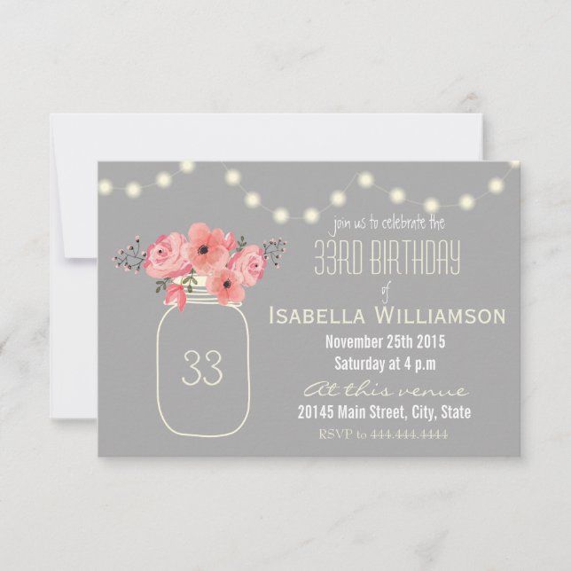 33rd Birthday Pink Watercolor Flowers & Mason Jar Invitation (Front)