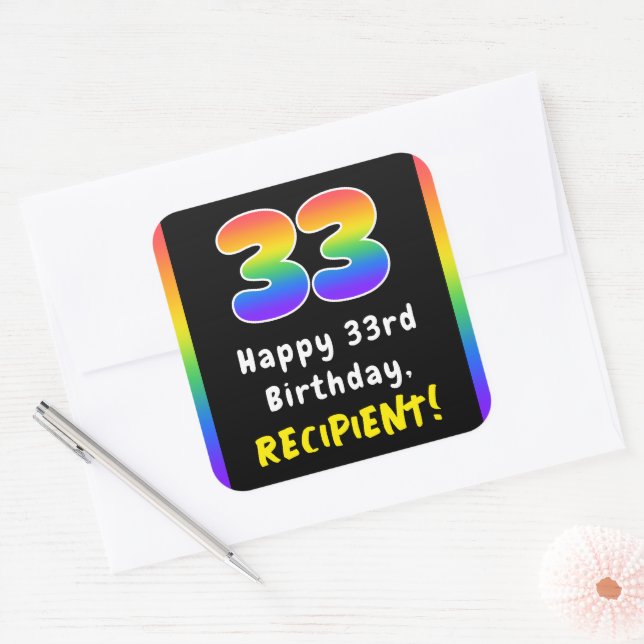 33rd Birthday: Rainbow Spectrum # 33, Custom Name Square Sticker (Envelope)