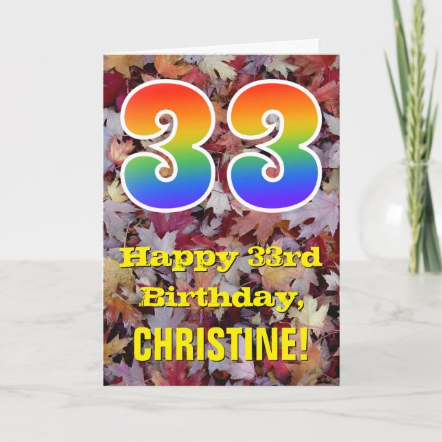 33rd Birthday; Rustic Autumn Leaves; Rainbow "33" Card (Front)