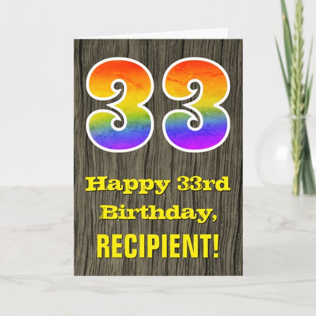33rd Birthday: Rustic Faux Wood Look, Rainbow "33" Card (Front)