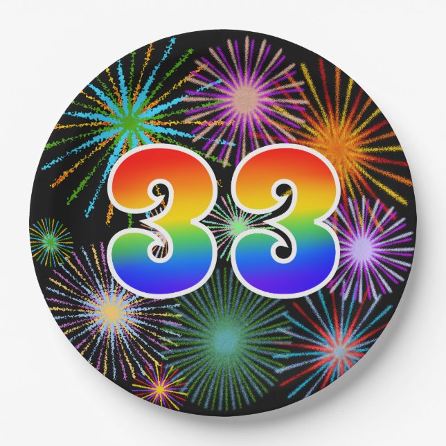 33rd Event - Fun, Colourful, Bold, Rainbow 33 Paper Plate (Front)