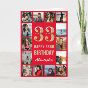 33rd Happy Birthday Red and Gold Photo Collage Card