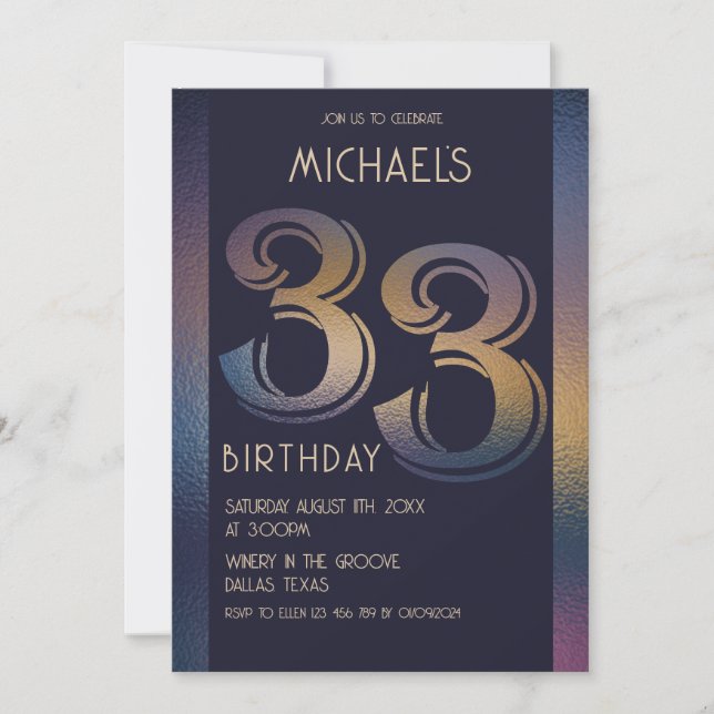 33th modern dark purple and gold birthday invitation (Front)