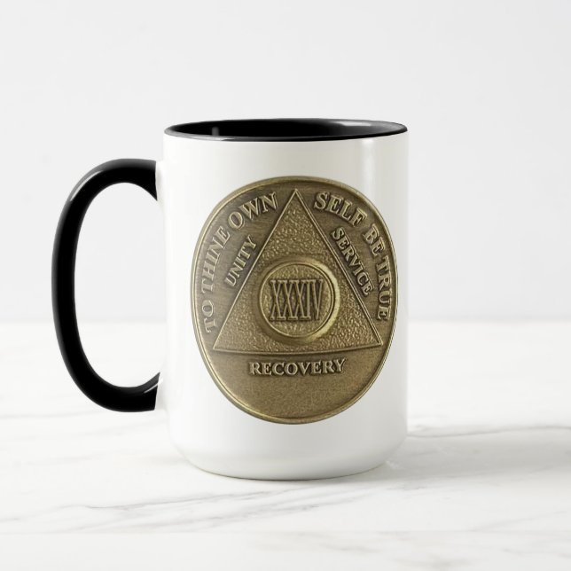34 Year CUSTOM NAME Sober Coin Anniversary Mug (Left)