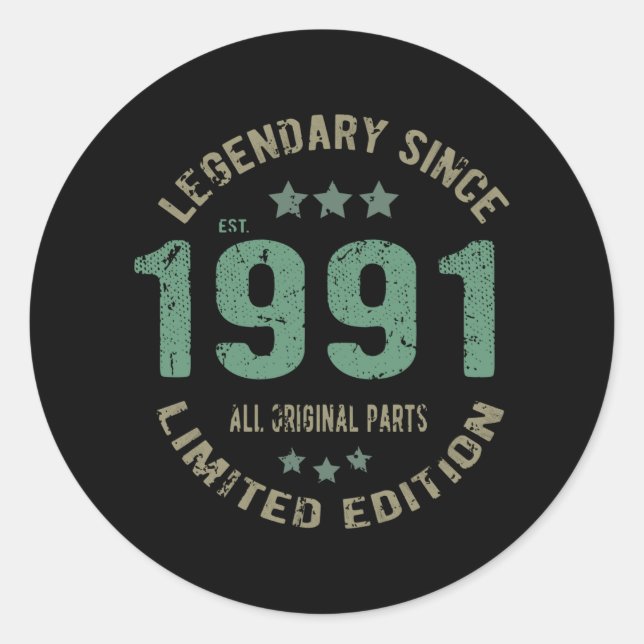 34 Year Old Bday 1991 Legend 36th Birthday Gift Classic Round Sticker (Front)