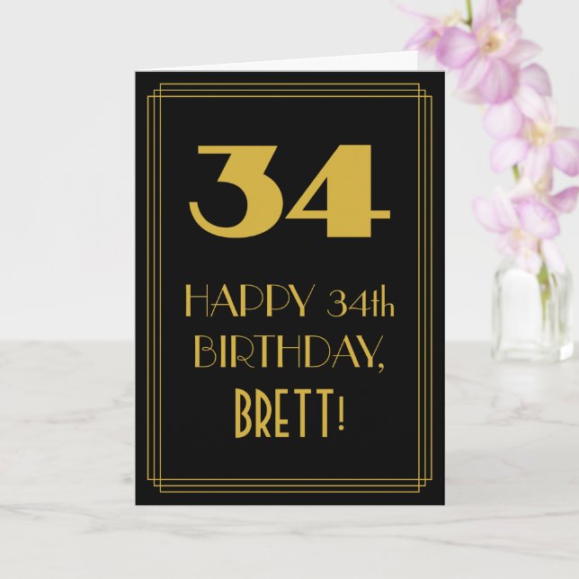 34th Birthday ~ Art Deco Inspired Look "34" & Name Card (Orchid)