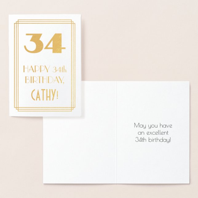 34th Birthday: Art Deco Inspired Look "34" & Name Foil Card (Display)