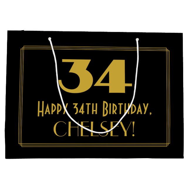 34th Birthday — Art Deco Inspired Look "34" & Name Large Gift Bag (Back)