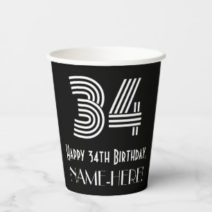 34th Birthday — Art Deco Inspired Look “34” + Name Paper Cups