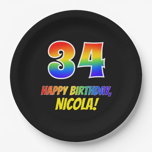 34th Birthday: Bold, Fun, Simple, Rainbow 34 Paper Plate (Front)