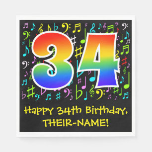 34th Birthday - Colorful Music Symbols, Rainbow 34 Napkin
