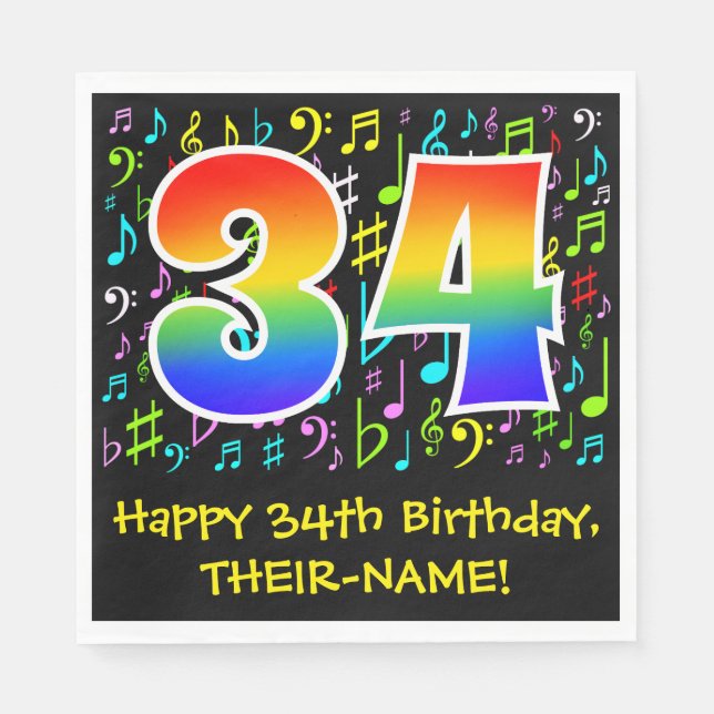 34th Birthday - Colourful Music Symbols, Rainbow 3 Napkin (Front)