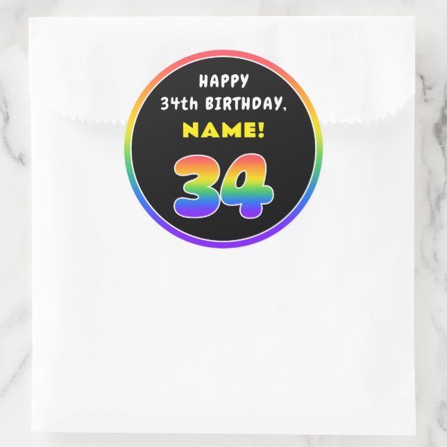 34th Birthday: Colourful Rainbow # 34, Custom Name Classic Round Sticker (Bag)